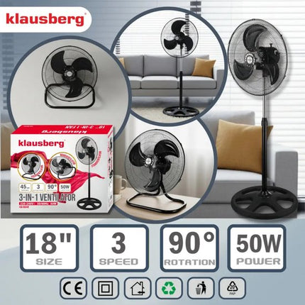 Klausberg - 3 in 1 Staande Ventilator - Vloerventilator - Krachtige Vloerventilator met Oscillatie 90° - Tafelventilator - Wandventilator - Grote Ventilator 3 Standen - 50W - Ø45cm - Zwart
