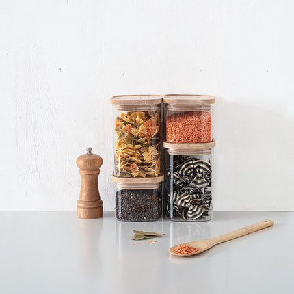 Set van 4 voorraadbussen/voorraadpotten glas met houten deksel - 500 ml - 1000 ml - Voorraadpotten met luchtdichte deksel