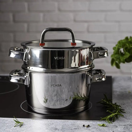 Vcasa 3-delige stoompan set 20 cm met glazen deksel, rvs