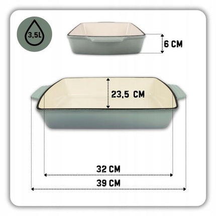 Hage - Bakvorm - Ovenschaal - Gietijzeren Ovenschaal - Emaille Braadslede met Handgrepen - Geschikt voor Inductie, Oven & Alle Warmtebronnen - 3.5 Liter - 32 x 23.5 cm - Pastel Teal