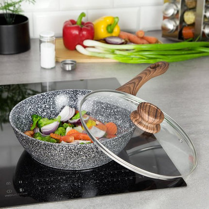 Kinghoff wokpan met deksel 24 cm - graniet antiaanbaklaag, houtlook handgrepen