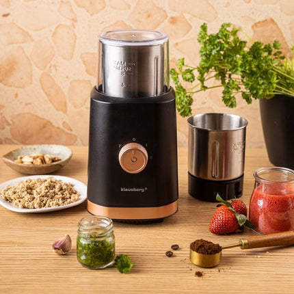 KLAUSBERG KB-7992 Elektrische 2-in-1 Koffie- en Kruidenmolen – 200W – RVS Bekers – Droog & Nat Malen – 3 Snelheden – 80g Capaciteit – zwart/Koper