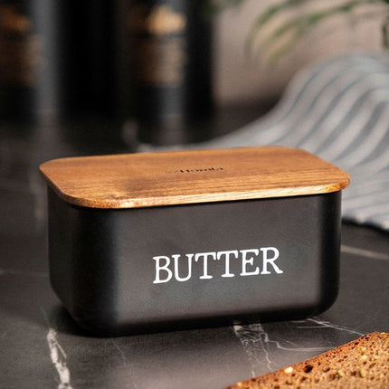 Homla - Avila Botervloot met Houten Deksel - Boterdoos Acacia Hout - Boter Bewaarbox Keuken - Stijlvolle Butter Dish - Boter Serveren & Bewaren - 0.73L - 15 x 10 x 7 cm - Zwart