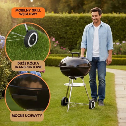 KINGHoff - Houtskool BBQ Grill - Kogelbarbecue met Deksel en Wielen - Tuin BBQ Grill Verrijdbaar - Barbecue met Temperatuurregeling - Buiten Grill - Camping & Terras BBQ - Metaal - Ø43 x 47.5 x 74 cm - Zwart