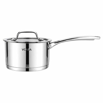 Steelpan 16 cm met glazen afgietdeksel en maataanduiding, rvs