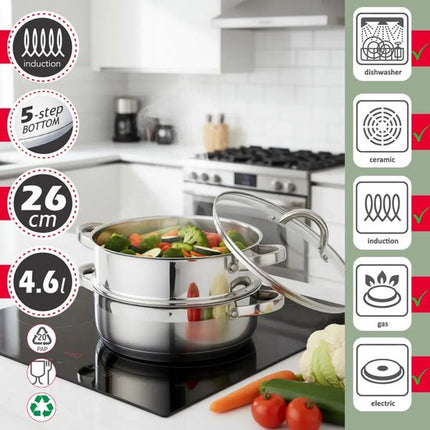 Klausberg - Stoompan - 3-delige RVS Stoomkookset - Stoominzet - Glazen Deksel - Inductie - Gas - Elektrisch - RVS - 4.6 Liters - 26 cm - Zilver
