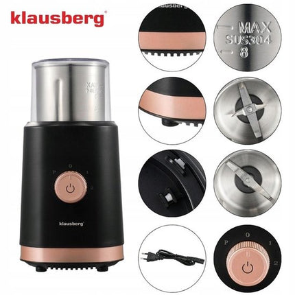 KLAUSBERG KB-7992 Elektrische 2-in-1 Koffie- en Kruidenmolen – 200W – RVS Bekers – Droog & Nat Malen – 3 Snelheden – 80g Capaciteit – zwart/Koper