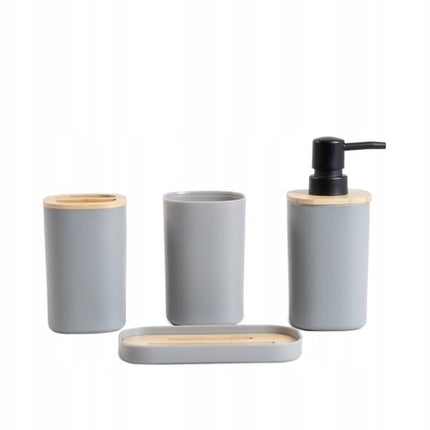 Homla - Tula Badkameraccessoiresset - 4 Delig Badkamer Accessoires Set - Badkamerset - Moderne Badkamer Accessoires - Zeeppompje met Bamboe - Badkamerbeker - Tandenborstelhouder - Zeepbakje - Grijs