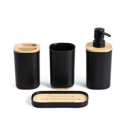 Homla - Tula Badkameraccessoiresset - 4 Delig Badkamer Accessoires Set - Badkamerset - Moderne Badkamer Accessoires - Zeeppompje met Bamboe - Badkamerbeker - Tandenborstelhouder - Zeepbakje - Zwart