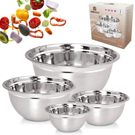 Kinghoff - KH-2059 - 4-Delig Keukenschalen - Mengkommen voor Bakken, Salades & Marineren - Roestvrijstalen Schalen - Nestbaar & Ruimtebesparend - Voor Keuken, Catering & Horeca - RVS - Ø18, 20, 24, 26 cm - Zilver