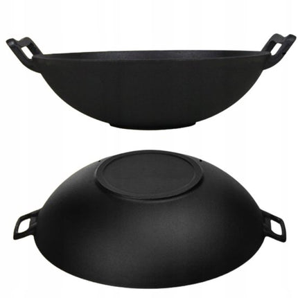 Hage - Gietijzeren Wok - Wokpan met 2 Handgrepen - Massief Gietijzer - Inductie - Gas - Elektrisch - Keramisch - Ovenbestendig - Geschikt voor Open Vuur - Warmtebehoud - Voor Aziatisch Roerbakken, Braden en Stir Fry - Ø36 cm - Zwart