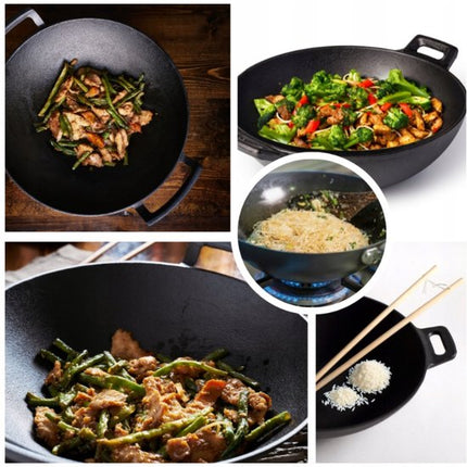 Hage - Gietijzeren Wok - Wokpan met 2 Handgrepen - Massief Gietijzer - Inductie - Gas - Elektrisch - Keramisch - Ovenbestendig - Geschikt voor Open Vuur - Warmtebehoud - Voor Aziatisch Roerbakken, Braden en Stir Fry - Ø36 cm - Zwart
