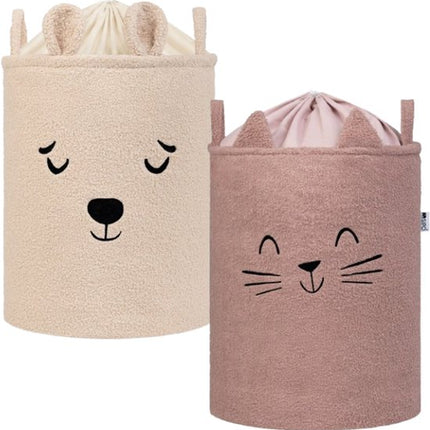 SIPO Speelgoedmand - Premium Bouclé-Editie - Opbergbak - Opbergmand - Met Drawstring Sluiting - Set van 2 - Beige Beer & Roze Kat Design - Voor Speelgoed - Kleding - Textiel - XL - 43 Liters - 35 x 35 x 45 cm - Beige & Roze