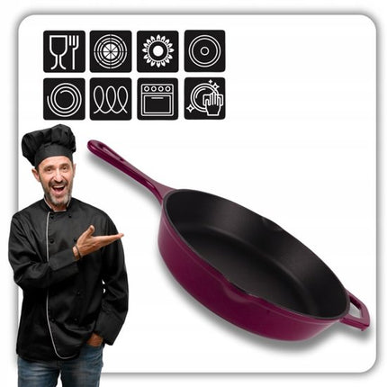 Hage - Gietijzeren Koekenpan - Geëmailleerde Bakpan met Hoge Rand - Inductie, Gas, Elektrisch & Ovenbestendig - Voor Bakken en Braden - Gelijkmatige Warmteverdeling - Ergonomisch Handvat - Ø26cm - Aubergine