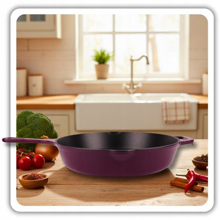 Hage - Gietijzeren Koekenpan - Geëmailleerde Bakpan met Hoge Rand - Inductie, Gas, Elektrisch & Ovenbestendig - Voor Bakken en Braden - Gelijkmatige Warmteverdeling - Ergonomisch Handvat - Ø26cm - Aubergine
