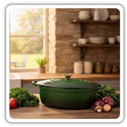 Hage - Gietijzeren Braadslede - Geëmailleerde Ovenbraadpan met Deksel - Voor Braden, Stoven & Ovenschotels - Geschikt voor Inductie, Gas & Oven - Inclusief Pannenhouder & Handbeschermers - 6 Liter - 34 x 26 x 18 cm - Flesgroen