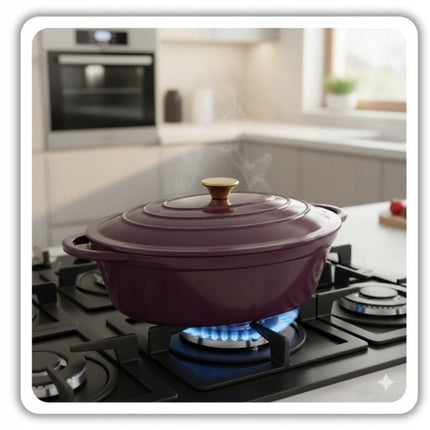 Hage - 3-Delig Gietijzeren Ovenset - 6L Braadslede met Deksel 34 cm & Bakvorm 3,5L 32x23,5 cm - Geëmailleerde Koekenpan 20 cm - Inductie, Gas & Oven - Voor Braden, Bakken & Ovenschotels - Aubergine