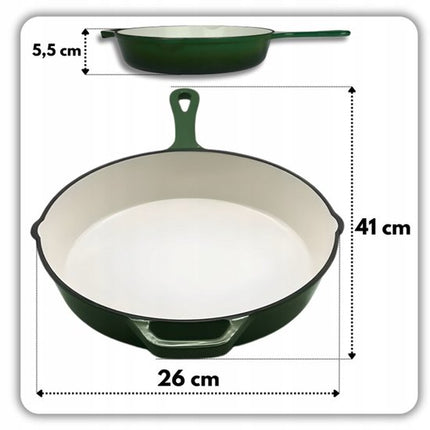 Hage - Gietijzeren Koekenpan - Geëmailleerde Bakpan met Hoge Rand - Inductie, Gas, Elektrisch & Ovenbestendig - Voor Bakken en Braden - Gelijkmatige Warmteverdeling - Ergonomisch Handvat - Ø26cm - Flesgroen