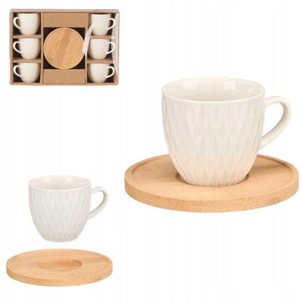 Koffieservies Set - Luxe Servies Set - Kop en Schotel Set - Koffiekopjes met Bamboe Schotels - Espresso Kopjes - voor 6 Personen - Porselein - 90ml - 6.3 x 5.5 x 8.5 cm - Crème