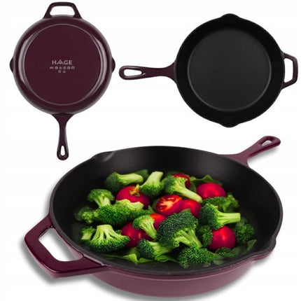 Hage - Gietijzeren Koekenpan - Geëmailleerde Bakpan met Hoge Rand - Inductie, Gas, Elektrisch & Ovenbestendig - Voor Bakken en Braden - Gelijkmatige Warmteverdeling - Ergonomisch Handvat - Ø26cm - Aubergine