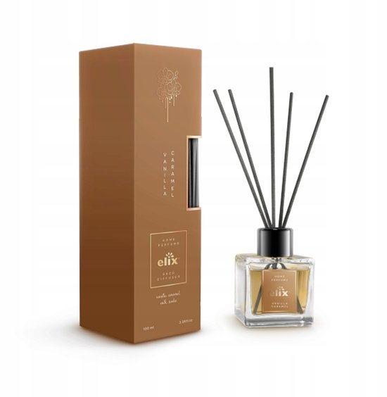 Elix - Geurstokjes Diffuser - Reed Diffuser - Luchtverfrisser - Interieur Parfum - Langdurige Huisgeur - voor Woonkamer, Slaapkamer, Kantoor & Badkamer - 100ml - Vanilla & Caramel