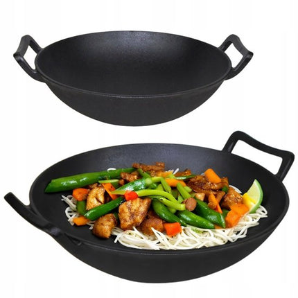 Hage - Gietijzeren Wok - Wokpan met 2 Handgrepen - Massief Gietijzer - Inductie - Gas - Elektrisch - Keramisch - Ovenbestendig - Geschikt voor Open Vuur - Warmtebehoud - Voor Aziatisch Roerbakken, Braden en Stir Fry - Ø36 cm - Zwart