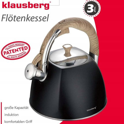 Klausberg fluitketel 3 liter, rvs, zwart mat, geschikt voor alle warmtebronnen
