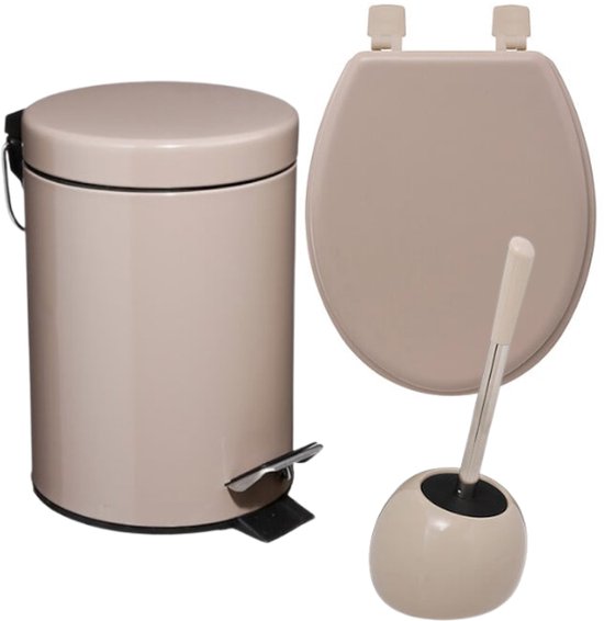 Badkamerset - Toiletaccessoires - Moderne Badkamer Accessoires - Toiletbril - Toiletborstel Set - Prullenbak - Beige Linnen HDF WC Bril & Keramische WC Borstelhouder - Taupe 3L Metalen Pedaalemmer