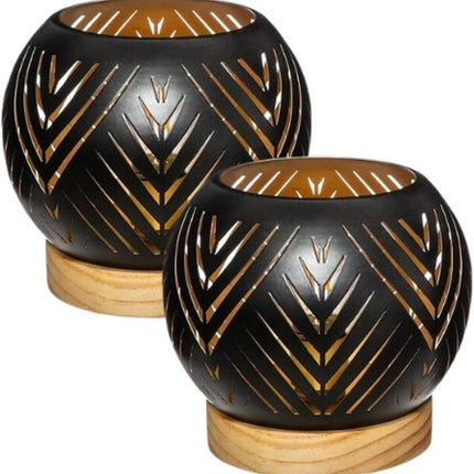 LED Theelichthouder Set van 2 - Lantaarn met Houten Basis - Moderne Theelichthouder - Sfeerverlichting voor Woonkamer en Interieur - Ø14.9 x 13.6 cm - Zwart