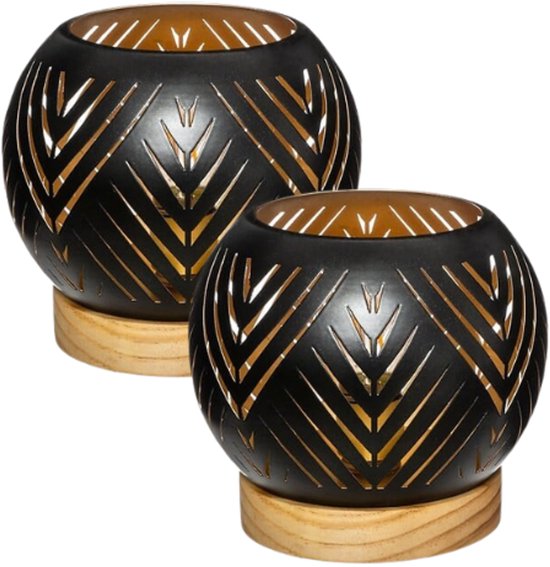 LED Theelichthouder Set van 2 - Lantaarn met Houten Basis - Moderne Theelichthouder - Sfeerverlichting voor Woonkamer en Interieur - Ø14.9 x 13.6 cm - Zwart
