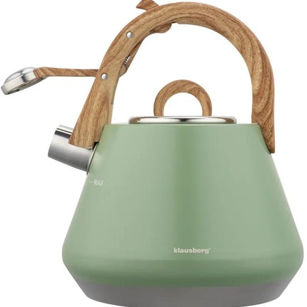 Klausberg - KB-9062 - Fluitketel - RVS Waterketel - Met Fluit - Matte Afwerking - Afneembaar Deksel - Houten Look Handgreep - Inductie - Gas - Elektrisch - Keramisch - Theeketel - Koffie - Brede Voet - 2.5L - Pastelgroen