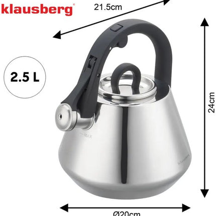 Klausberg 7947 - Fluitketel met fluit - 2.5 liter - RVS - zilverkleurig