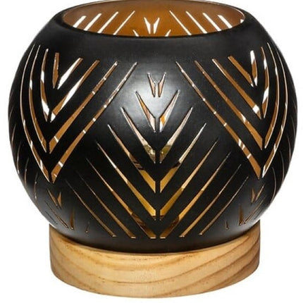 LED Theelichthouder Set van 2 - Lantaarn met Houten Basis - Moderne Theelichthouder - Sfeerverlichting voor Woonkamer en Interieur - Ø14.9 x 13.6 cm - Zwart