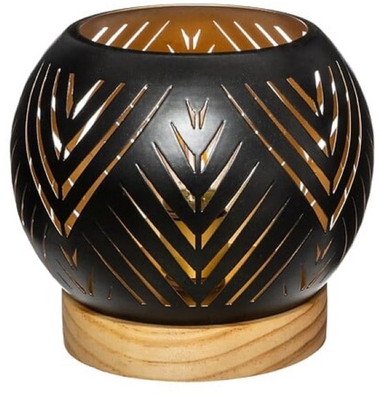 LED Theelichthouder Set van 2 - Lantaarn met Houten Basis - Moderne Theelichthouder - Sfeerverlichting voor Woonkamer en Interieur - Ø14.9 x 13.6 cm - Zwart