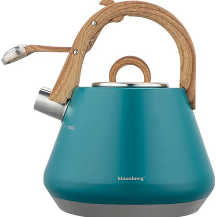 Klausberg - KB-9063 - Fluitketel 2.5L - RVS Waterketel - Matte Afwerking - Met Fluit - Afneembaar Deksel - Inductie - Gas - Elektrisch - Keramisch - Theeketel voor Koffie en Thee - Brede Voet - Turquoise Blauw