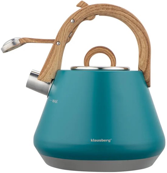 Klausberg - KB-9063 - Fluitketel 2.5L - RVS Waterketel - Matte Afwerking - Met Fluit - Afneembaar Deksel - Inductie - Gas - Elektrisch - Keramisch - Theeketel voor Koffie en Thee - Brede Voet - Turquoise Blauw