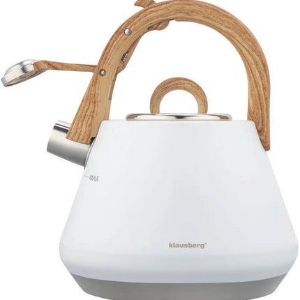 Klausberg - KB-9061 - Fluitketel 2.5 Liter - RVS Waterketel - Met Fluit - Afneembaar Deksel - Houtlook Handgreep - Inductie - Gas - Elektrisch - Keramisch - Theeketel - Koffie - Brede Voet - MAX Aanduiding - Wit