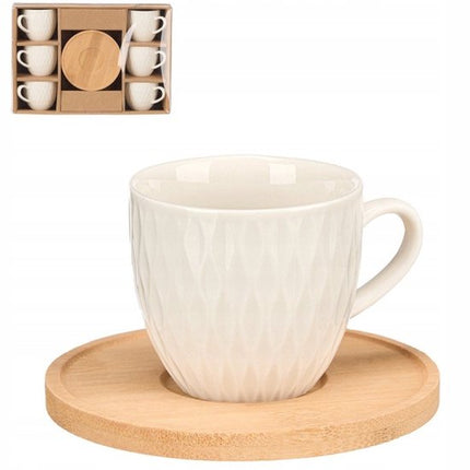 Koffieservies Set - Luxe Servies Set - Kop en Schotel Set - Koffiekopjes met Bamboe Schotels - Espresso Kopjes - voor 6 Personen - Porselein - 90ml - 6.3 x 5.5 x 8.5 cm - Crème