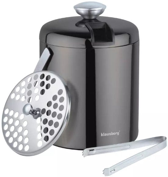 Klausberg KB7656 Ijsemmer en Tang Set - Zwart RVS, Dubbele Thermische Wand, Elegant en Functioneel