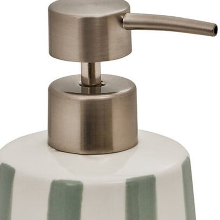 Zeepdispenser Keramiek Hoog - 17.3 cm Celadongroen – Stijlvolle Badkameraccessoire - Zeeppomp - Keramisch - Hervulbaar - Groene Strepen - Groen
