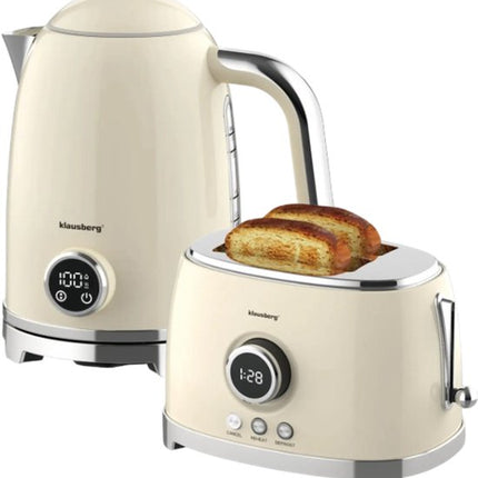 Klausberg - Elektrische Waterkoker & Broodrooster Set - 1.7L Waterkoker met LED Display & Temperatuurregeling 40-100°C - Retro 2-Sleuven Broodrooster 850W - 6 Bruiningsstanden - Ontdooien & Opwarmen - Beige