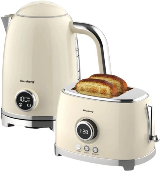 Klausberg - Elektrische Waterkoker & Broodrooster Set - 1.7L Waterkoker met LED Display & Temperatuurregeling 40-100°C - Retro 2-Sleuven Broodrooster 850W - 6 Bruiningsstanden - Ontdooien & Opwarmen - Beige