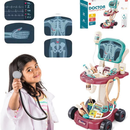 Dokters Speelset - Medische Trolley met EKG - Kinder Dokter Speelgoed - Stethoscoop - Thermometer & Accessoires - Rolstoel Speelset - Educatief & Leerzaam - voor 3+ jaar - 2 x AA-batterijen (niet inbegrepen) - Multicolor