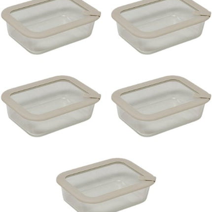 5-Delige - Vershoudbakjesset - Meal Prep Bakjes - Lunchbox - Rechthoekige Bewaardozen van Borosilicaatglas - Magnetron- & Vaatwasserbestendig - 950ml - 20.3 x 15.2 x 6.2 cm - Transparant met Grijs Deksel