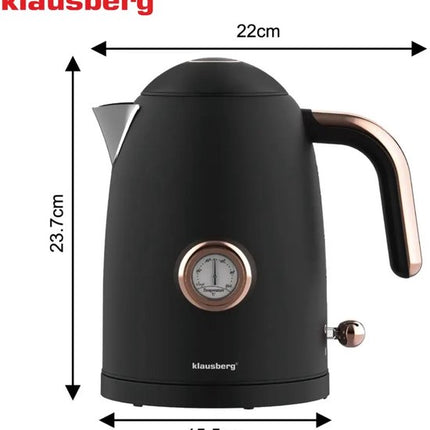 Klausberg - Waterkoker - Retro Waterkoker - Elektrische Waterkoker met Thermometer - Design Waterkoker met Rose Gold - Grote Waterkoker Keuken - Thee & Koffie Koker - 1.7L - RVS - 2200W - Zwart