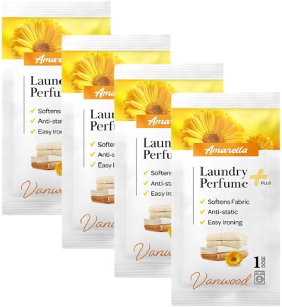 Elix - Amarella Wasparfum - Set van 4 Sachets - Laundry Perfume - Wasverzachter Parfum - Antistatisch Strijkgemak - Langdurig - 10ml Sachet - Vanwood