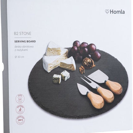 Homla - B2STONE Draaiplateau Serveerplank met Mes - Leisteen Kaasplank - Draaiend Tapas Bord - Luxe Serveerplank Kaas - Borrelplank - Snack Plateau met Draaisysteem - Ø30cm - Zwart