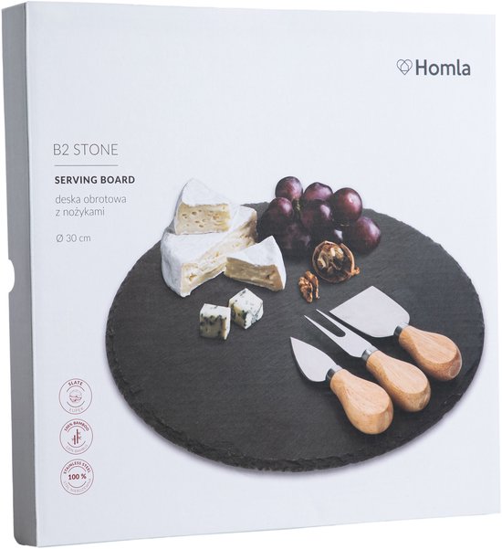 Homla - B2STONE Draaiplateau Serveerplank met Mes - Leisteen Kaasplank - Draaiend Tapas Bord - Luxe Serveerplank Kaas - Borrelplank - Snack Plateau met Draaisysteem - Ø30cm - Zwart