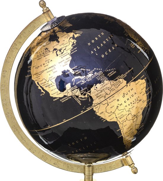 Atmosphera Decoratie wereldbol/globe- zwart/goud - op metalen voet - D20 x H33 cm - Landen/continenten topografie