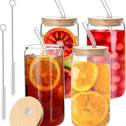 4 stuks drinkglazen met deksel en rietjes, Bubble Tea beker, ijskoffie, glazen, 500 ml, Bear Can cocktailglazen, ijskoffiebeker voor milkshakes, sappen, smoothies (halfverzegeld)